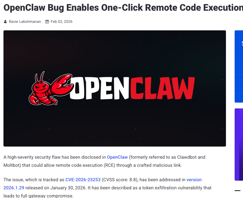 Hacker News headline about OpenClaw vulnerability